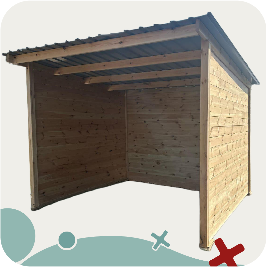Visuel de vue 3/4 sur un abri extérieur en bois de dimension 3x3 m